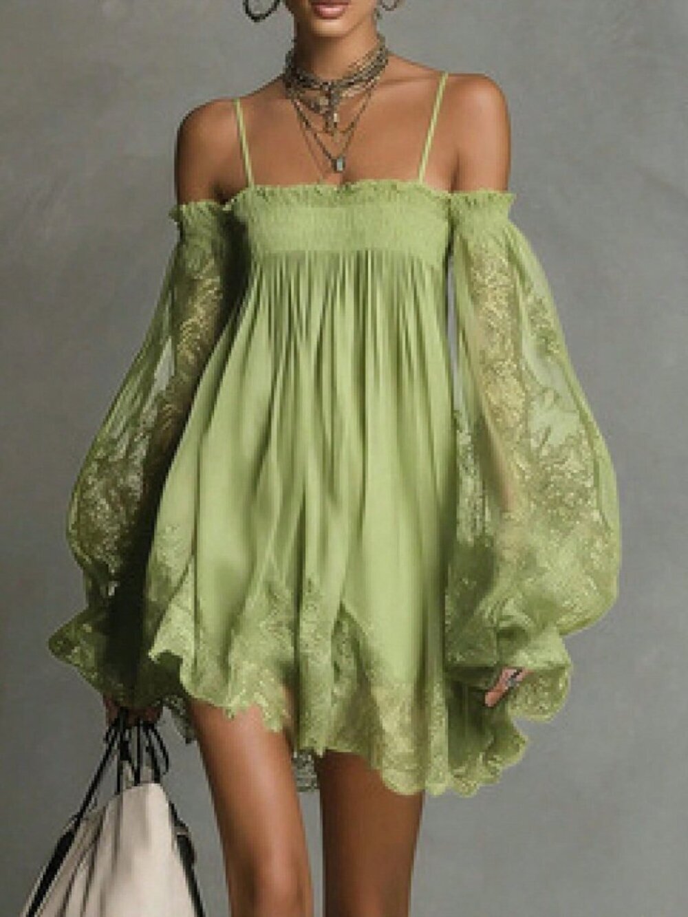 Green Elegant Women's Spaghetti Strap Off-Shoulder Puff Sleeve Mini Dress